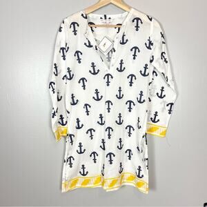Barbara Gerwit Tunic Top Beach Cover Up Women’s size XS White Navy Blue Anchors